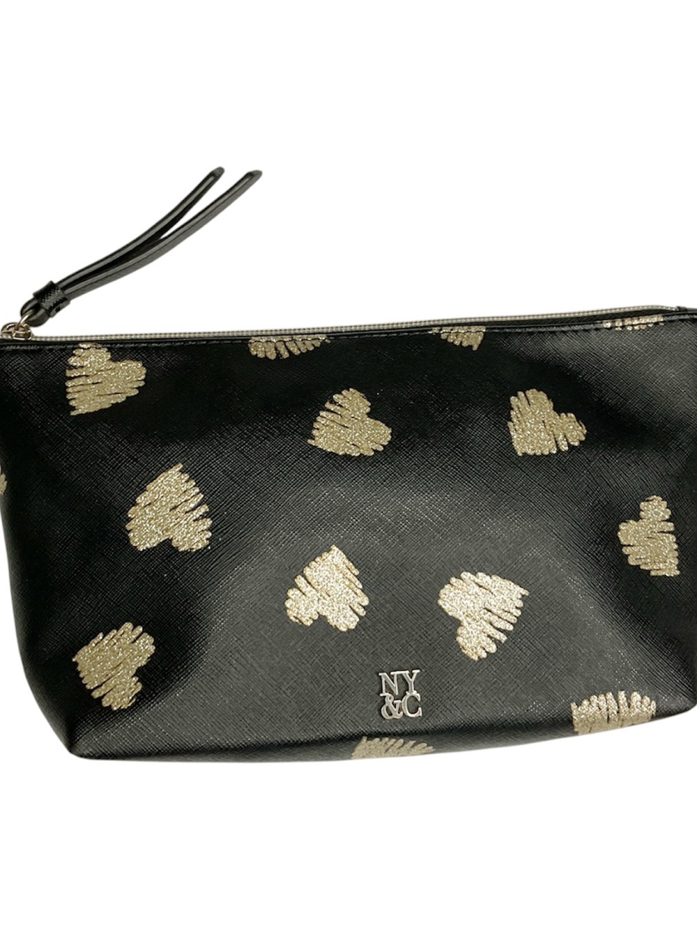New York & Company Black Cosmetic Pouch with Gold Heart Print